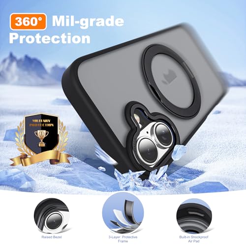 for iPhone 16 Case with 360° Spin Magnetic Stand,Black | iPhone 16 Phone Case 6.1",Spin Magnetic Ring Stand,Compatible with MagSafe,Military Protection,Translucent Matte - color: Black, size: iPhone 16