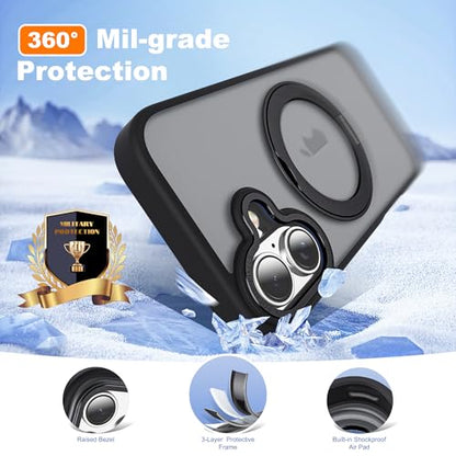 for iPhone 16 Case with 360° Spin Magnetic Stand,Black | iPhone 16 Phone Case 6.1",Spin Magnetic Ring Stand,Compatible with MagSafe,Military Protection,Translucent Matte - color: Black, size: iPhone 16