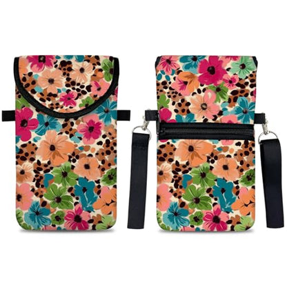 Neoprene Cell Phone Sleeve Pouch Case Bag with Crossbody Strap Neck Lanyard for Women 7.5 X 4.3 in Floral Pattern - color: Floral Pattern 1