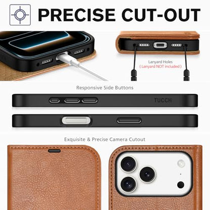 TUCCH Case Wallet for iPhone 17 Pro Max, RFID Blocking Folio, Light Brown | 4 Card Holders, Kickstand, PU Leather, Magnetic Closure, Shockproof TPU Shell, Protective Flip Cover - color: Textured Light Brown