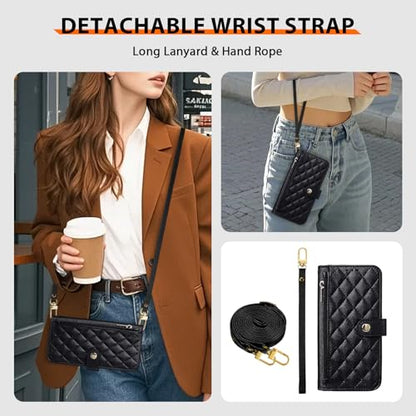 Wallet Phone Case Crafted for iPhone 16 Pro Max Black | Women Wallet Flip Case Cover Wrist Strap Zipper Credit Card Holder Slots PU Leather - color: Black, size: iPhone 16 Pro Max