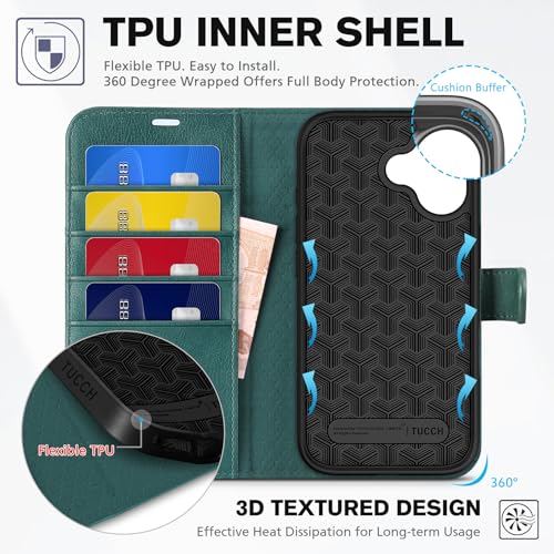 TUCCH Wallet Case for iPhone 17 (6.3") 2025, 4 Card Holders, Teal Blue | RFID Blocking, Viewing Stand, Shockproof TPU Shell, PU Leather, Magnetic Closure, Protective Folio Flip Cover - color: Textured Teal Blue