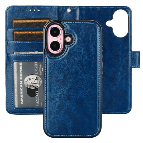 Bocasal Detachable Wallet Case Card Holder for iPhone 16, Blue | RFID Blocking Kickstand Card Slots Holder PU Leather Magnetic Shockproof Wrist Strap Removable Flip Protective Cover 6.1 inch - color: Blue