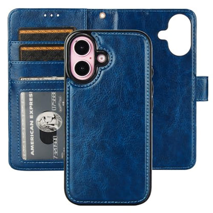 Bocasal Detachable Wallet Case Card Holder for iPhone 16, Blue | RFID Blocking Kickstand Card Slots Holder PU Leather Magnetic Shockproof Wrist Strap Removable Flip Protective Cover 6.1 inch - color: Blue