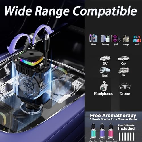 Fast Charging Car Charger Retractable 120W, Car Accessories Cigarette Lighter Adapter with Cable USB-C & Lighting, Function Window Breaker Aroma Ambient Light, Auto Gifts for Driver Traveler Men Women