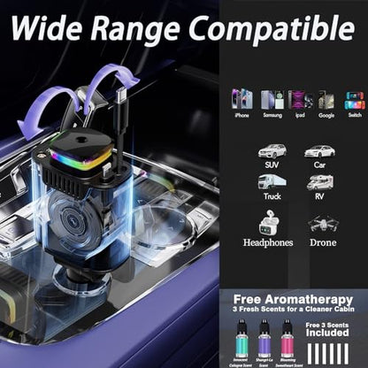 Fast Charging Car Charger Retractable 120W, Car Accessories Cigarette Lighter Adapter with Cable USB-C & Lighting, Function Window Breaker Aroma Ambient Light, Auto Gifts for Driver Traveler Men Women