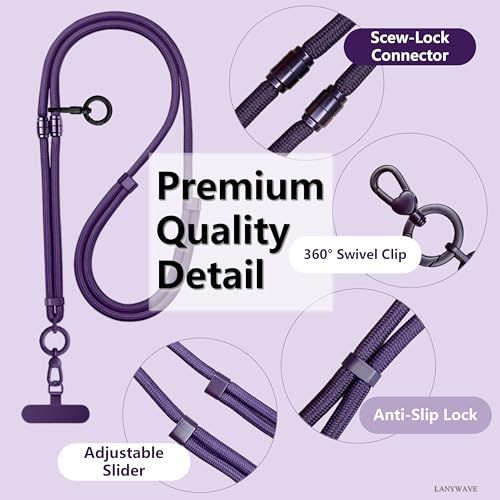 4-in-1 Phone Lanyard, Crossbody, Neck, Wrist & Finger Strap - color: Deep Purple