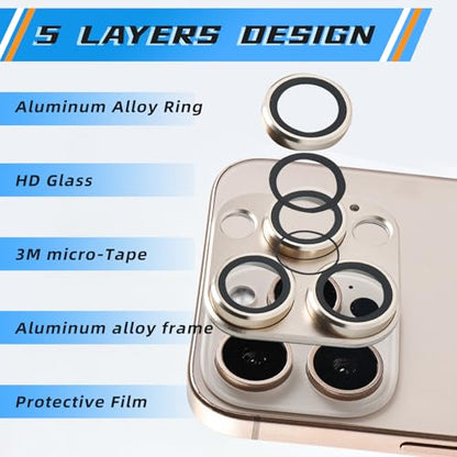 Camera Lens Protector Cover for iPhone 16 15 14 Pro Max/Pro (9H Anti-Glare Tempered Glass, 0.2mm Shatterproof Metal Ring) - Military-Grade Case Friendly, Bubble-Free Install, slivery
