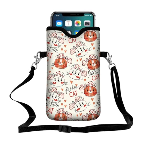 Men Women Neoprene Cell Phone Sleeve Pouch Case Bag with Crossbody Strap/Neck Lanyard 7.5 X 4.3 in (Cute Bowtie Cat Print Pattern) - color: Cute Bowtie Cat Print Pattern