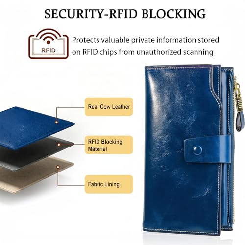 YALUXE Women's Real Leather Wallet RFID Protect 21 Card Slots Phone Pocket - color: 4- Waxed Blue, size: Genuine Leather