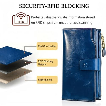 YALUXE Women's Real Leather Wallet RFID Protect 21 Card Slots Phone Pocket - color: 4- Waxed Blue, size: Genuine Leather