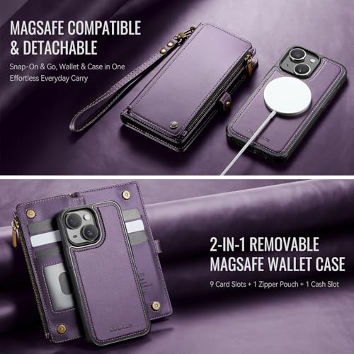 Defencase for iPhone 14 Plus Case Wallet Compatible with Magsafe, Purple | Drop-Proof Magnetic Detachable Phone Cases Cover, with RFID Bolcking Card Holder, Zipper Strap, PU Leather, Removable Wallet - color: (Detachable with Magsafe)-Purple