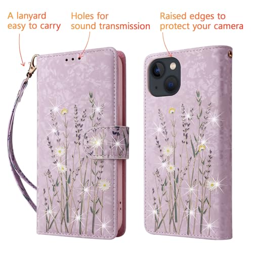 UEEBAI Wallet Case for iPhone 15, PU Leather Phone Cover Kickstand RFID Blocking Flip Case Card Slots Wrist Strap Relief Engraved Pattern Magnetic Closure Flower Folio Wallet, Lavender - color: Lavender, size: iPhone 15