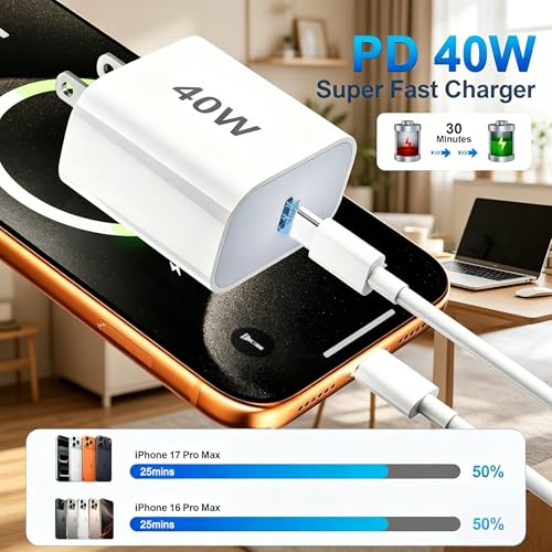 iPhone 17/Air Charger Fast Charging,[MFi Certified] 40W USB C Power Adapter Wall Charging Block Plug&USB C to C Cable Cord for iPhone 17e/17 Pro Max/16/16 Plus/16 Pro Max/15/iPad/AirPods - size: 3FT