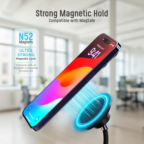 GALVANOX Magnetic Fast-Charging Desk Phone Stand (Adjustable Height) Compatible with MagSafe, Tall Wireless Charger, Heavy Metal Base (15W) Desktop iPhone Holder, Great for Office/Video Calls