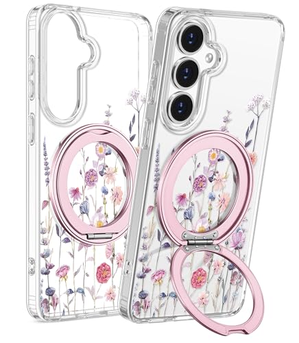 for Samsung Galaxy S25 Case with Stand - Cute Soft TPU Clear Phone Cover for Women Girls Compatible with Magsafe Girly Unique Design with Magnetic Ring for S25, Purple Flower - color: Purple Flower, size: for Samsung Galaxy S25