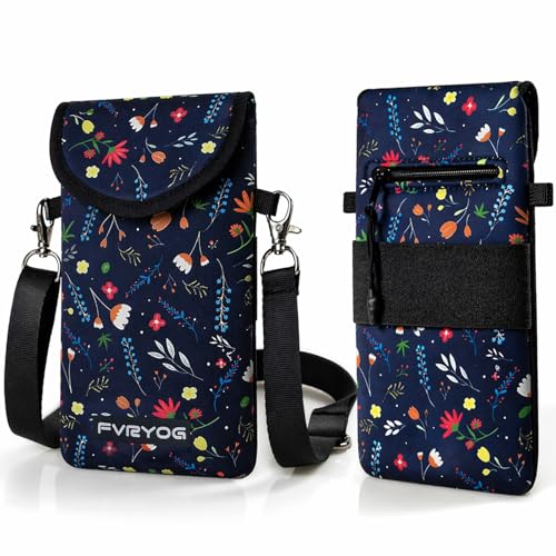 Neoprene Phone Sleeve Pouch Case Bag for Men Women w/Crossbody Strap/Neck Lanyard for iPhone 17/16/15/14 Pro Max, Samsung S25，Pixel 10 - color: Dark Blue Flower Cell Phone Sleeves
