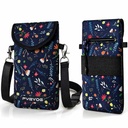 Neoprene Phone Sleeve Pouch Case Bag for Men Women w/Crossbody Strap/Neck Lanyard for iPhone 17/16/15/14 Pro Max, Samsung S25，Pixel 10 - color: Dark Blue Flower Cell Phone Sleeves