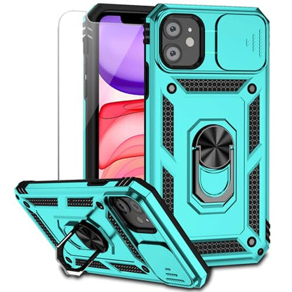 for iPhone 11 Case with Camera Lens Cover HD Screen Protector, Dual Layer [15 FT Military Grade Drop Protection] Magnetic Ring Holder Kickstand Protective Phone Case for iPhone 11 6.1 inch (Mint) - color: Mint with camera cover Military-Grade 2nd gen