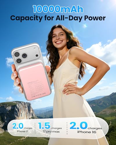 Magnetic Portable Charger, Power Bank Fast Charging 22.5W 10000mAh, Portable Charger with Built in Cable, for Magsafe Battery Pack Compatible with iPhone 17/16/15/14/13/12 Pro/Pro Max, Samsung Pink - color: Pink