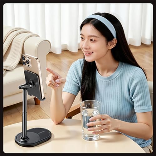 Phone Stand for Desk, Height Adjustable Desktop Phone Holder, 270°Angle Adjustable Tablet Stand with Weighted Base and Aluminum Alloy Support Rod for Phone and Tablet 4"-11" - color: Black