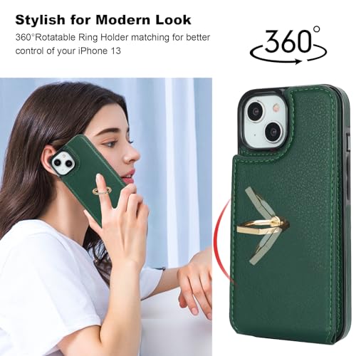 Folosu Compatible with iPhone 13 Case Wallet with Card Holder, 360°Rotation Finger Ring Holder Kickstand Protective RFID Blocking PU Leather Double Buttons Flip Shockproof 6.1 Inch Dark Green - color: Dark Green