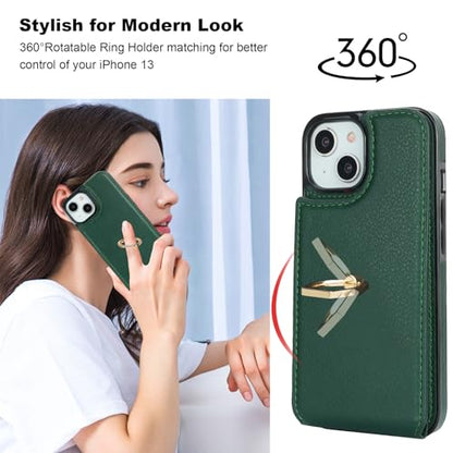 Folosu Compatible with iPhone 13 Case Wallet with Card Holder, 360°Rotation Finger Ring Holder Kickstand Protective RFID Blocking PU Leather Double Buttons Flip Shockproof 6.1 Inch Dark Green - color: Dark Green