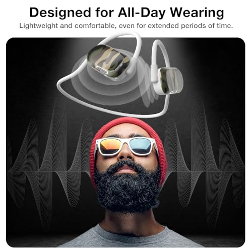 Purity Air Open Ear Headphones - True Air Conduction Wireless Bluetooth Open Ear Earbuds with Dual Mic for iPhone/Android - Secured Long Wearing Comfort, Sports Sweat Resistant (JECE162) - color: Jungle Camouflage
