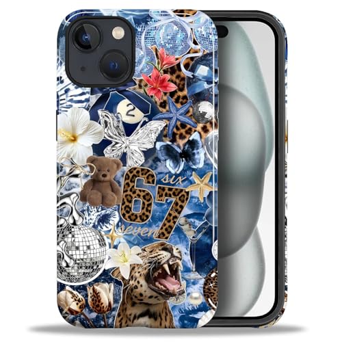 Case for iPhone 15, Cute Phone Case, Blue Leopard Collage | Hybrid 2-Layer Phone Cover，Military-Grade Protection Durable Shockproof Anti-Scratch Cases - color: Blue Leopard Collage, size: Iphone 15