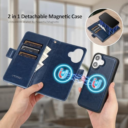 Antsturdy Compatible with MagSafe iPhone 17 Wallet Case,Dark Blue | Detachable Magnetic Credit Card Holder,RFID Blocking,PU Leather Zipper Purse,Wrist Strap Kickstand,Flip Phone Cover for Women - color: (Detachable with Magsafe)-Dark Blue