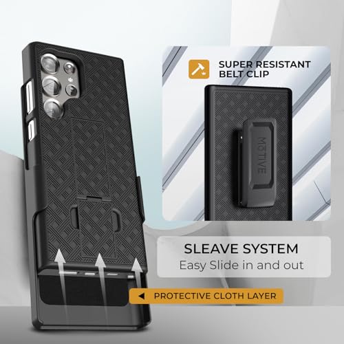 MOTIVE for Samsung Galaxy s23 Ultra Case with Belt Clip, Kickstand | 6.8" | Ranger v1 Series, Black, 360° holster, open-top/bottom port access, grip, slim - size: S23 Ultra
