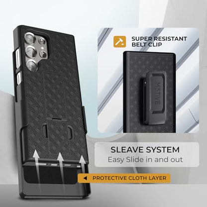 MOTIVE for Samsung Galaxy s23 Ultra Case with Belt Clip, Kickstand | 6.8" | Ranger v1 Series, Black, 360° holster, open-top/bottom port access, grip, slim - size: S23 Ultra