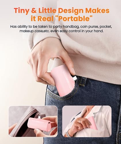 Mini Pink USB C Portable Battery Charger for iPhone 15 Pro Max, 4800mAh Little Charger Battery Pack Compact Power Bank Back Phone Charger for iPhone 15/16/Samsung Galaxy S22/Note 20/Google/Pixel - color: USBC-Pink