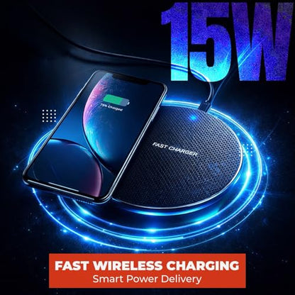 15W Wireless Charging Pad, Qi Compatible Wireless Charger for Smartphones, Fast Charging Non Slip Charger Mat with USB Cable for Desk, Office and Bedside