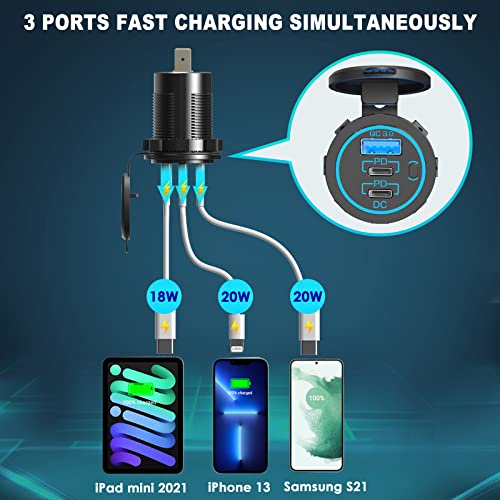 USB C Car Charger Socket – 58W Lengthened RV USB Outlet 12V Socket Dual 20W PD3.0 USB-C and 18W QC3.0 Car USB Port with Button Power Switch for Boat Marine Motorcycle