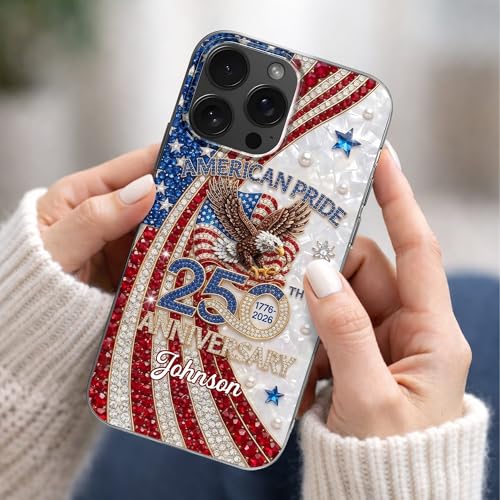 American Pride Anniversary Personalized Clear Phone Case, Gift for Patriots Custom Name Protective Cover 1776 USA Flag Decor Birthday Present for Men Women Holiday Independence Day