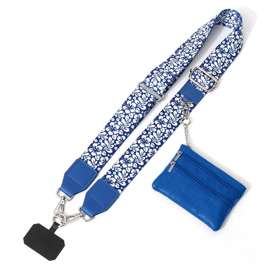 Phone Strap with Zippered Pouch, Clip and Go Strap for Phone with Wallet Crossbody - color: Deep Blue Flowers