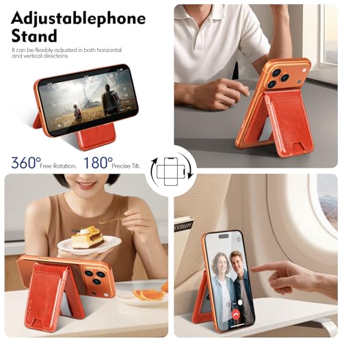 Shieldtop RFID Blocking MagSafe Wallet Stand with Card Holder,5 Card Slots & ID Window,PU Leather Magnetic Adjustable Kickstand for iPhone 12/13/14/15/16/17 Pro Max & Air Plus Series,Orange - color: Orange