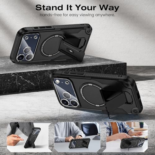 Caka 4-in-1 for iPhone 17 Pro Max Case with Belt Clip Holster and Stand | HD Glass Screen & Camera Lens Protector, Compatible with MagSafe, Hidden Kickstand, Rugged Heavy Duty Shockproof Phone Cover - color: Black