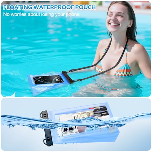 PEDVSTY Floating Waterproof Phone Pouch 2 Pack, Double Seals Dry Bags, 7.2" | Large, IPX8 Waterproof Bags, Extra Sealing Layer, Adjustable Lanyard, Fits All Phones, Kayak/Beach/Cruise Travel Essentials - color: White+Blue