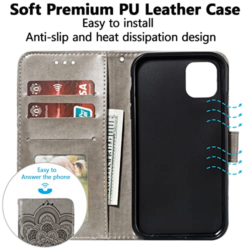 EYZUTAK Case for iPhone 13 Pro Max, Premium PU Leather Magnetic Flip Wallet Case with Card Holder Cash Slot Lanyard Strap Kickstand Function Embossed Mandala Flower Pattern Shockproof Cover - Gray - color: Gray, size: iPhone 13 Pro Max