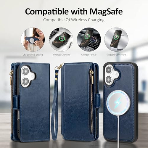 Antsturdy Compatible with MagSafe iPhone 17 Wallet Case,Dark Blue | Detachable Magnetic Credit Card Holder,RFID Blocking,PU Leather Zipper Purse,Wrist Strap Kickstand,Flip Phone Cover for Women - color: (Detachable with Magsafe)-Dark Blue