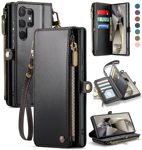 Defencase for Samsung Galaxy S23 Ultra Wallet Case with Card Holder, Black | Durable PU Leather, with RFID Blocking Zipper Pocket, Wrist Strap, S23 Ultra Flip Phone Cases Cover with Stand for Women Men - color: Fashion Black