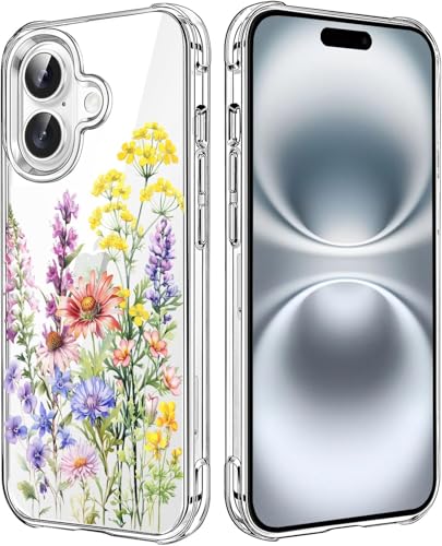 Wild Flower Clear Case Compatible with iPhone 16, Cute Girls and Women Floral Back Case Cover, Summer Flowers Transparent Flexible TPU Bumper Shockproof Protective Phone Case - color: Wildbloom, size: for iPhone 16