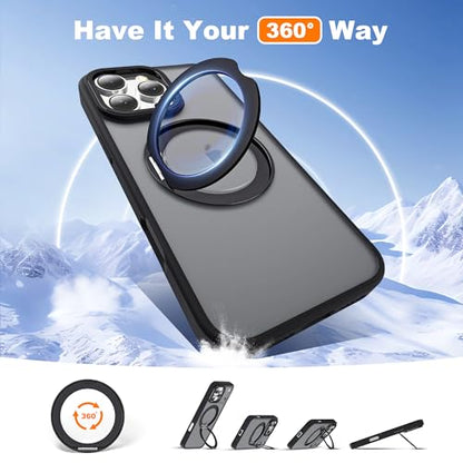 for iPhone 16 Pro Case with 360° Spin Magnetic Stand,Black | iPhone 16 Pro Phone Case 6.3",Spin Magnetic Ring Stand,Compatible with MagSafe,Military Protection,Translucent Matte - color: Black, size: iPhone 16 Pro