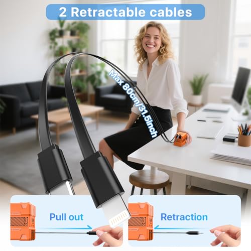 2 in 1 Retractable Gan Wall Charger with Dual Cables, Fast Charging 45W Retractable Phone Charger Wall Plug with 2 Charging Cable, USB C Chargers Block for iPhone 17 16 15 14 13, LG,Pixel - color: Orange
