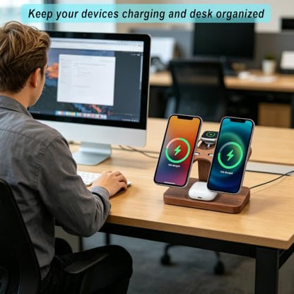 Wood Dual Phone Charging Station Compatible with Magsafe Charger - color: Without Apple Watch Charger