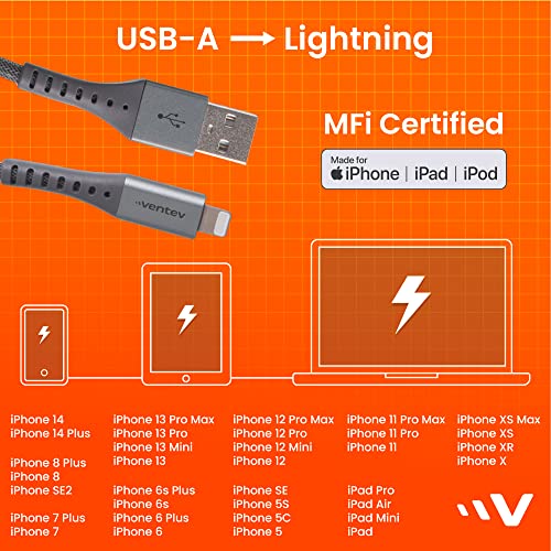Ventev USB A to Apple Lightning High-Speed Ultra Durable Alloy Cable for iPhone 1-14, AirPods, iPads and More Devices (10 Foot, Gray) - size: 10 feet