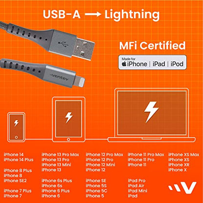 Ventev USB A to Apple Lightning High-Speed Ultra Durable Alloy Cable for iPhone 1-14, AirPods, iPads and More Devices (10 Foot, Gray) - size: 10 feet