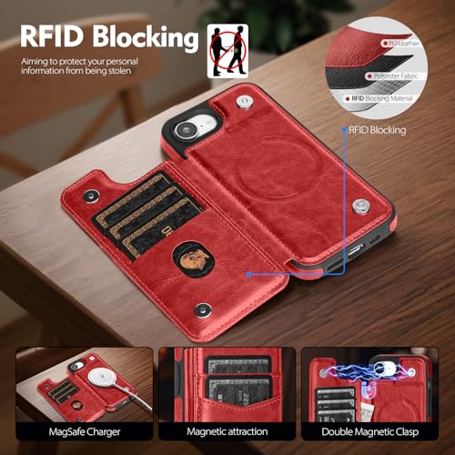 SkyEagle Compatible with MagSafe iPhone 17e / 16e Case Wallet,Red | Magnetic Clasp,RFID Blocking,PU Leather,Flip Folio Shockproof Phone Cover,with Credit Card Slots & Kickstand for Men & Women - color: Red